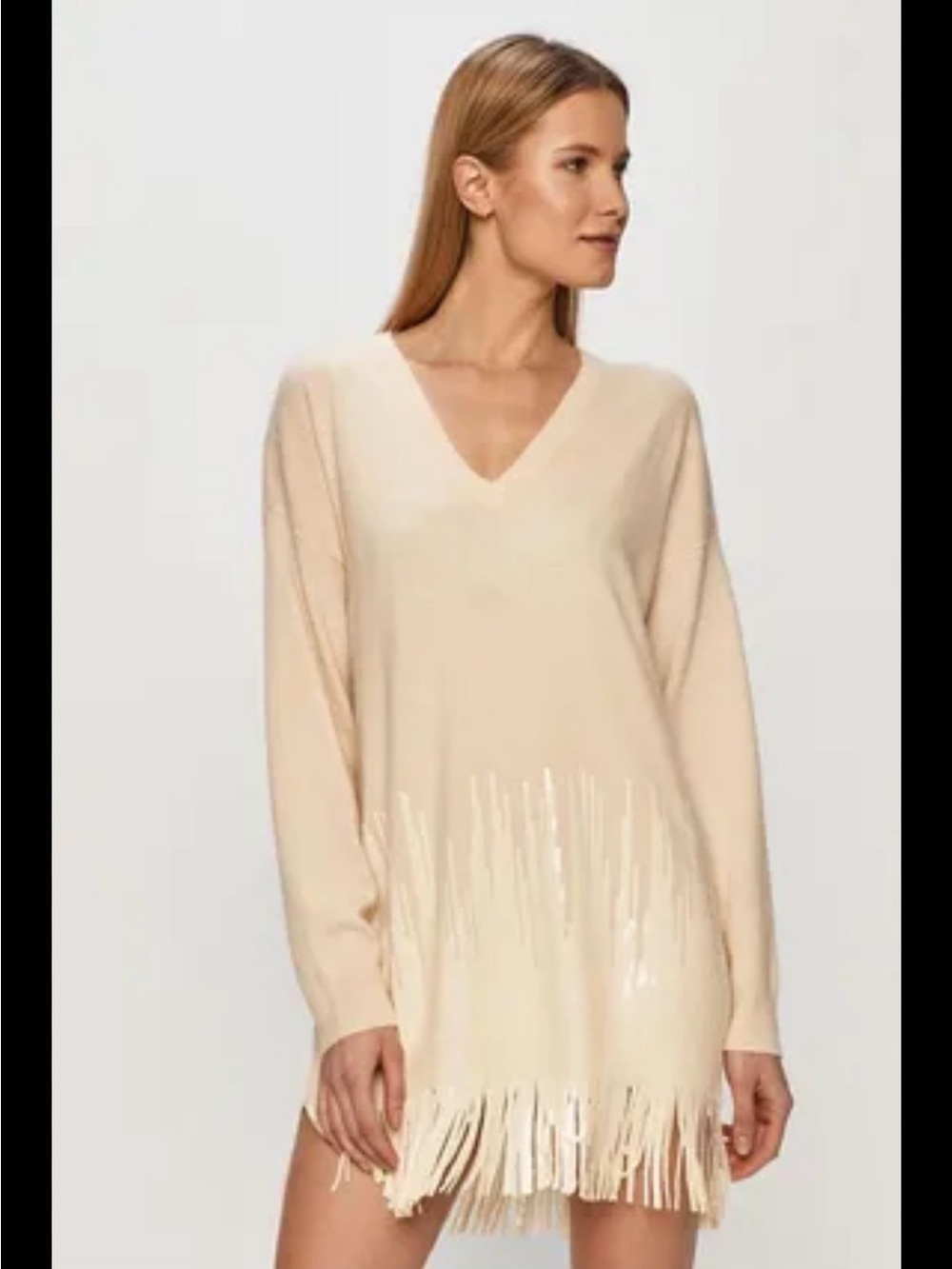 Pinko Fringe Hem V-Neck cream Sweater Dress long sleeve cashmere wool blend S